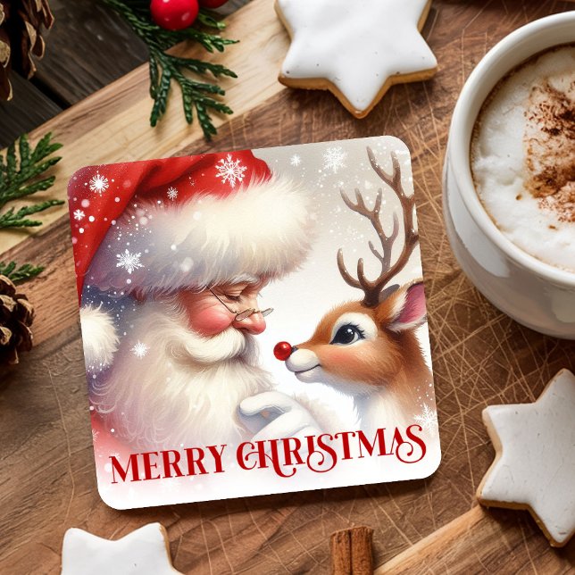 Whimsical Santa Claus Rudolph Holiday Paper Coaste Rechteckiger Pappuntersetzer (Whimsical Santa Claus Rudolph Holiday Paper Coasters)