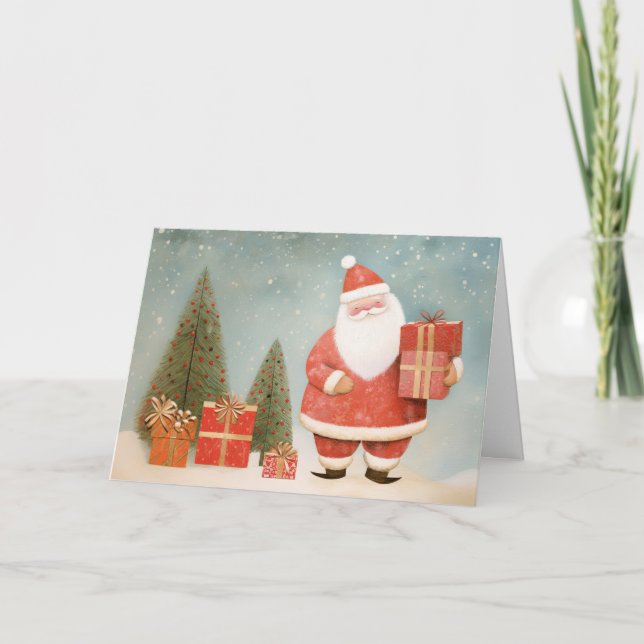Whimsical Santa Claus with Christmas Tree & Gifts Karte (Vorderseite)