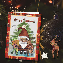 Whimsical Santa, Deer & Elf Plaid Christmas Card Feiertagskarte