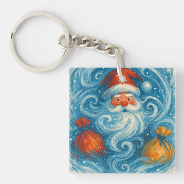 Whimsical Santa in einem wirbelnden Wintersturm Schlüsselanhänger (Vorderseite)