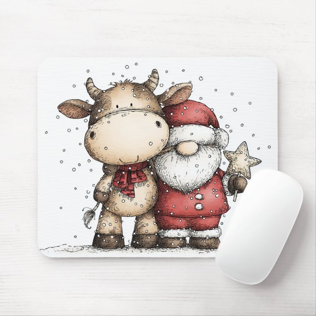 Whimsical Santa & Moo-Moo Holiday Christmas Cheer Mousepad (Mit Mouse)