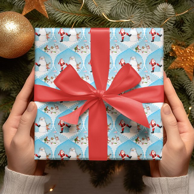 Whimsical Santa Playing Golf, Snowman und Rentier Geschenkpapier (Santa golfs, Snowman watches, Reindeer doubts; A golfer's perfect holiday surprise!)