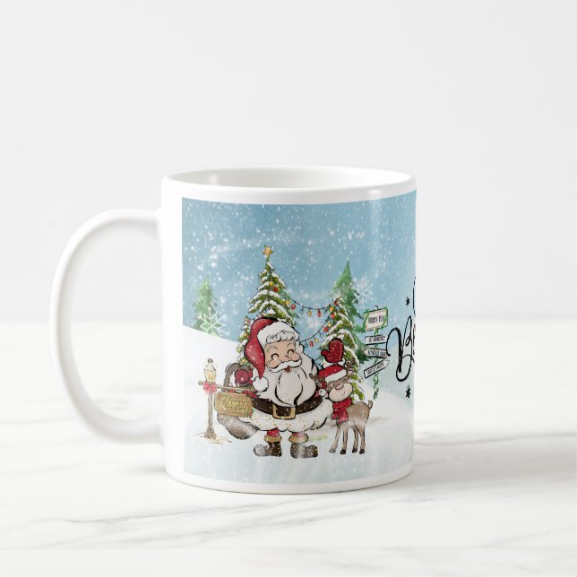 Whimsical Santa & Reindeer glauben Weihnachten Kaffeetasse (Links)