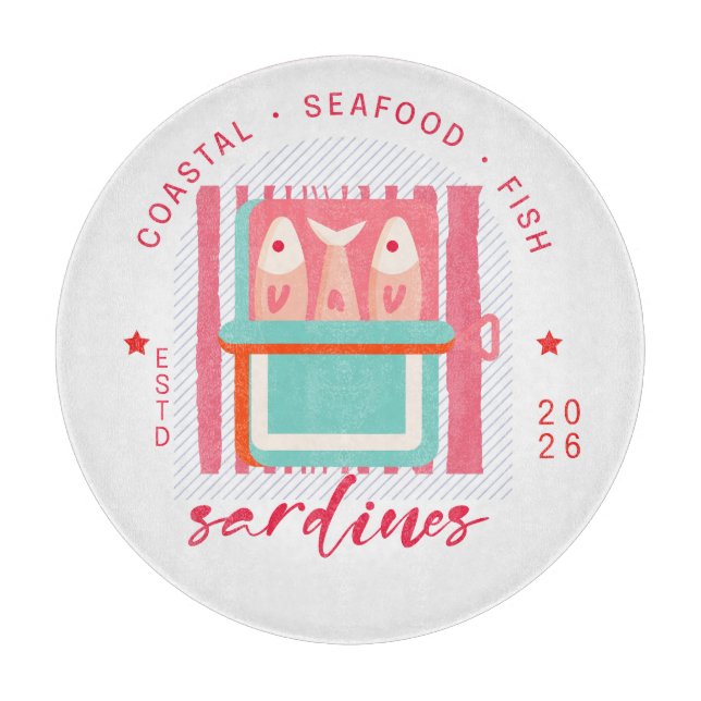 Whimsical Sardines Coastal Beach Pink Schneidebrett (Vorderseite)