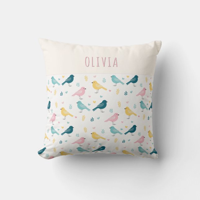 Whimsical Scandi Bird Pattern Personalized Nursery Kissen (Vorderseite)