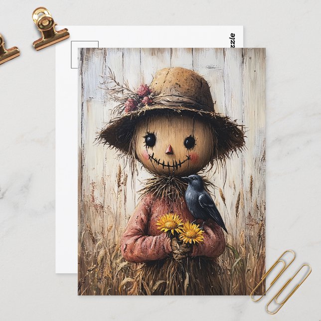 Whimsical Scarecrow Holding Sonnenblumen Postkarte (Von Creator hochgeladen)