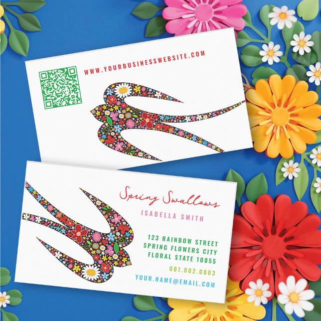 Whimsical Schluckvögel und farbenfrohe Frühlingsbl Visitenkarte (Whimsical Swallow Bird And Colorful Spring Flowers Business Card @ fatfatin)
