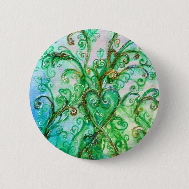 WHIMSICAL SCHNÖRKEL Green Blue Floral Heart Button (Vorderseite)