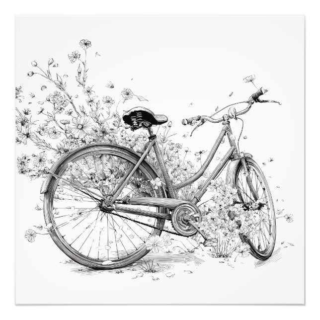 Whimsical Schwarz-weiß Bicycle Blume Zeichnend Fotodruck (Vorne)