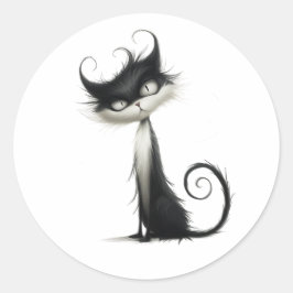Whimsical Schwarz-weiß Mischous Cat Illustration Runder Aufkleber
