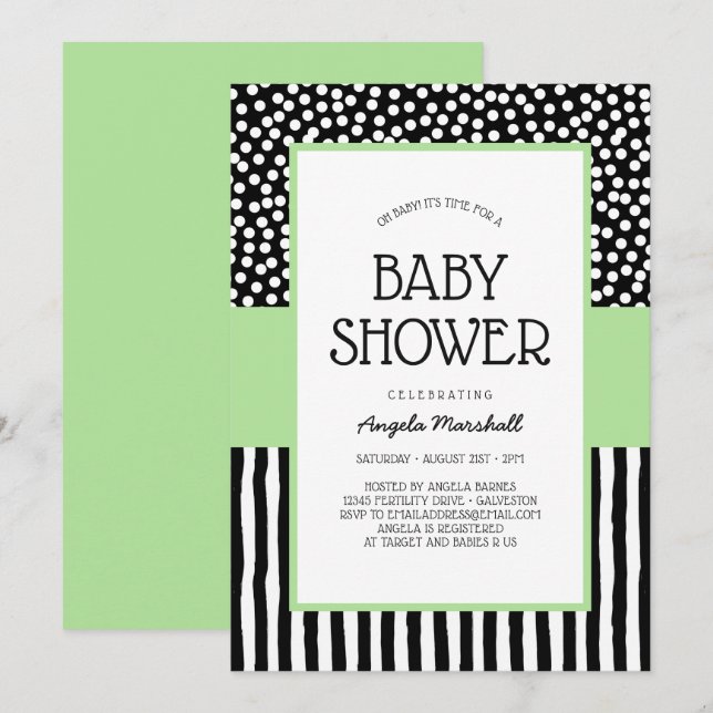 Whimsical Schwarz-weiß und Green Baby Dusche Einladung (Vorne/Hinten)
