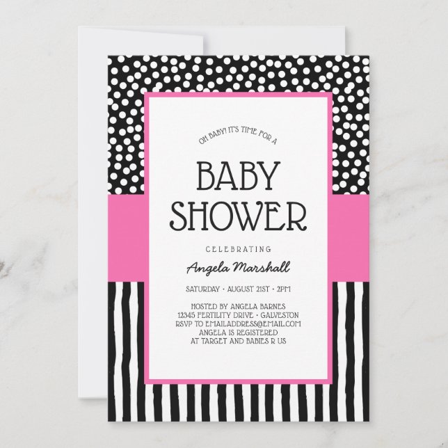 Whimsical Schwarz-weiß und Pink Baby Dusche Einladung (Vorderseite)