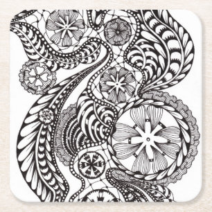 Whimsical Schwarz-Weiß-Zen-Doodle-Blumen-Spitzenmu Rechteckiger Pappuntersetzer