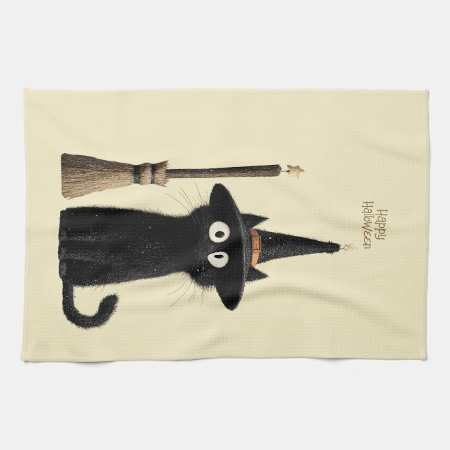 Whimsical Schwarze Katze Frohes Halloween Geschirrtuch (Horizontal)