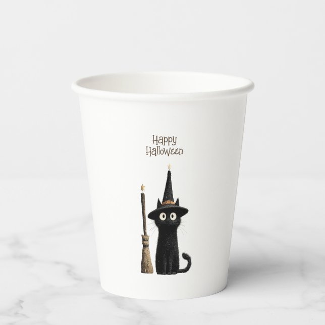 Whimsical Schwarze Katze Frohes Halloween Pappbecher (Rückseite)