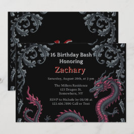 Whimsical Schwarzer Roter Drache Damast Sweet 16 B Einladung