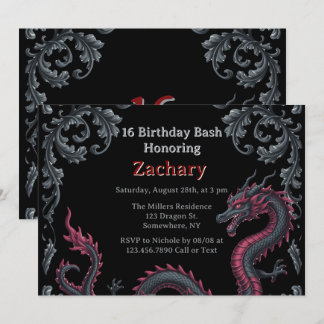 Whimsical Schwarzer Roter Drache Damast Sweet 16 B Einladung