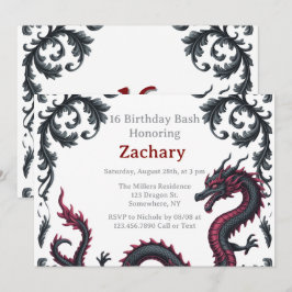 Whimsical Schwarzer Roter Drache Damast Sweet 16 B Einladung