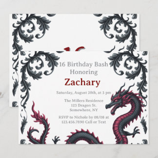 Whimsical Schwarzer Roter Drache Damast Sweet 16 B Einladung