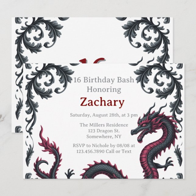 Whimsical Schwarzer Roter Drache Damast Sweet 16 B Einladung (Vorne/Hinten)