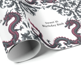 Whimsical Schwarzer Roter Drache Damast Sweet 16 B Geschenkpapier