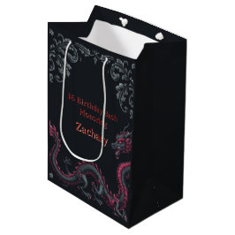 Whimsical Schwarzer Roter Drache Damast Sweet 16 B Mittlere Geschenktüte