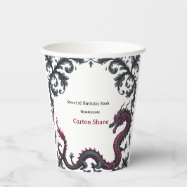 Whimsical Schwarzer Roter Drache Damast Sweet 16 B Pappbecher