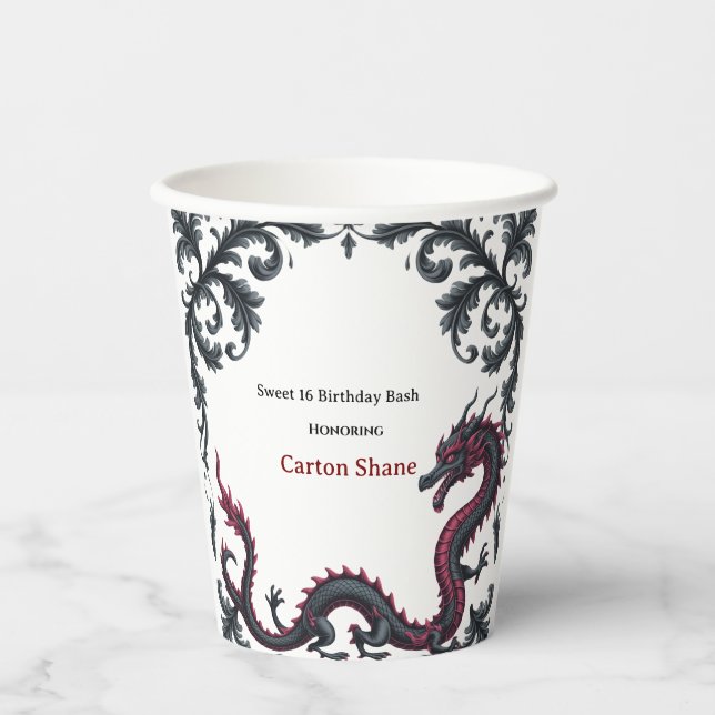 Whimsical Schwarzer Roter Drache Damast Sweet 16 B Pappbecher (Vorderseite)