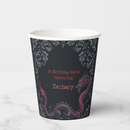 Whimsical Schwarzer Roter Drache Damast Sweet 16 B Pappbecher