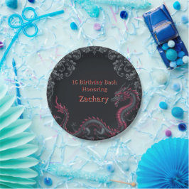 Whimsical Schwarzer Roter Drache Damast Sweet 16 B Pappteller