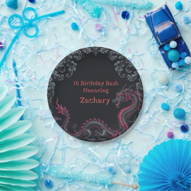 Whimsical Schwarzer Roter Drache Damast Sweet 16 B Pappteller (Party)