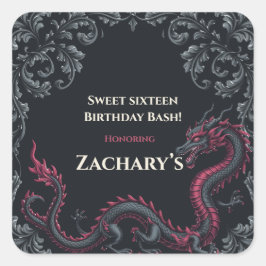 Whimsical Schwarzer Roter Drache Damast Sweet 16 B Quadratischer Aufkleber