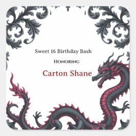 Whimsical Schwarzer Roter Drache Damast Sweet 16 B Quadratischer Aufkleber