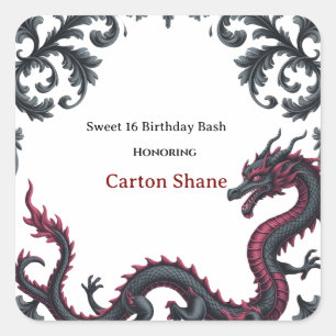 Whimsical Schwarzer Roter Drache Damast Sweet 16 B Quadratischer Aufkleber