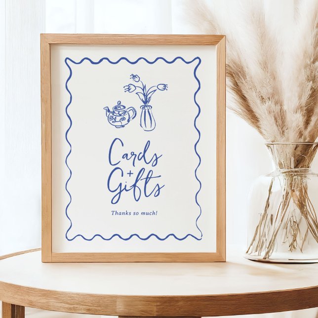 Whimsical Scribble Doodle Cards & Gifts Zeichen Poster (Cards & Gifts sign with whimsical doodles in blue and white.)