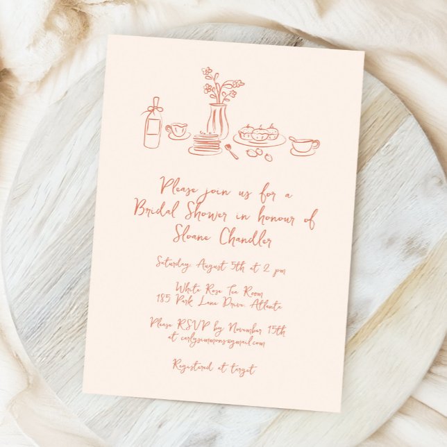 Whimsical Scribble Doodle Hand Drawing Brautparty Einladung (whimsical food and drink doodles bridal shower invitation in light peach)