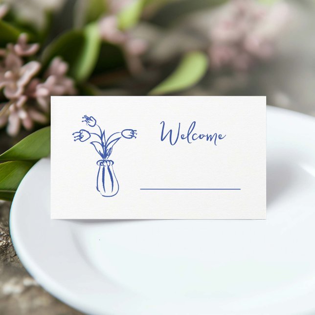 Whimsical Scribble Doodle Hand Drawing Brautparty Platzkarte (whimsical doodle blue flower vase welcome place card for bridal shower)