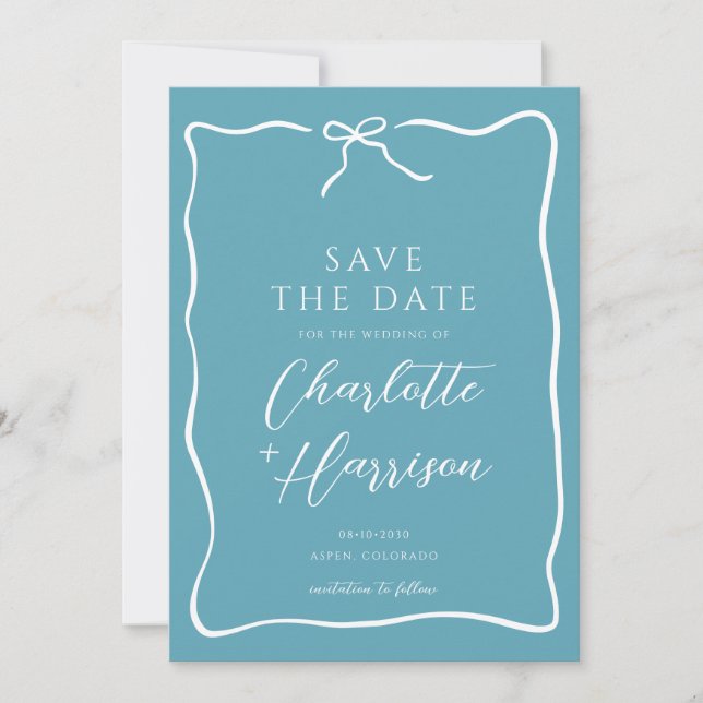 Whimsical Script Border Wedding Blue Save The Date (Vorderseite)