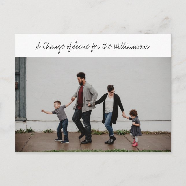 Whimsical Script Family Foto Neue Zuhause Moving Ankündigungspostkarte (Vorderseite)