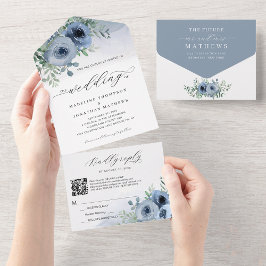 Whimsical Script floral Dusty Blue QR Code Hochzei All In One Einladung