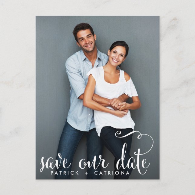 WHIMSICAL SCRIPT FOTO RETTE UNSERE DATENPOSTKARTE ANKÜNDIGUNGSPOSTKARTE (Vorderseite)