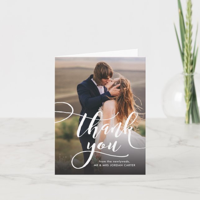 Whimsical Script Full Foto Wedding Vielen Dank Dankeskarte (Vorderseite)