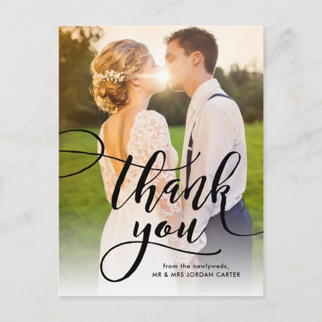 Whimsical Script Full Foto Wedding Vielen Dank Postkarte (Vorderseite)