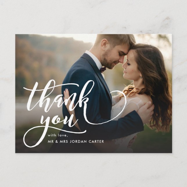 Whimsical Script Full Foto Wedding Vielen Dank Postkarte (Vorderseite)