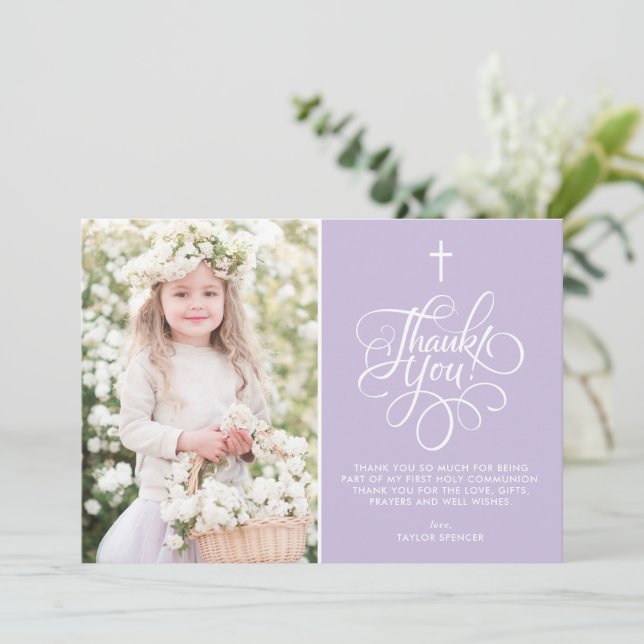 Whimsical Script Lavender Erste Heilige Kommune Dankeskarte (Stehend Vorderseite)