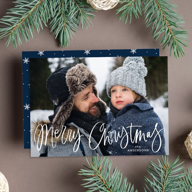 Whimsical Script Navy Frohe Weihnachts-Foto Feiertagskarte (Von Creator hochgeladen)