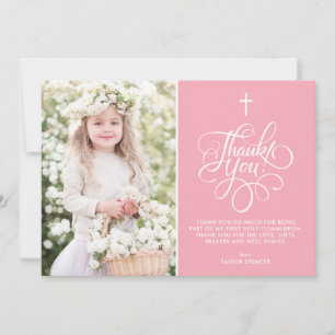 Whimsical Script Pink Erste Heilige Kommunion Foto Dankeskarte