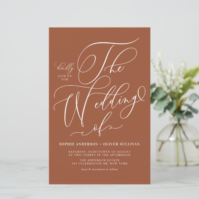Whimsical Script Terracotta Wedding Einladung (Stehend Vorderseite)