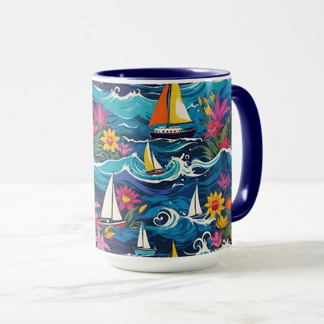 Whimsical Segelboote mit Wellen und Blume Tasse (VorderseiteRechts)