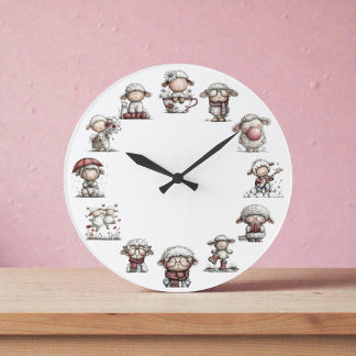Whimsical Sheep Farm Animal Große Wanduhr